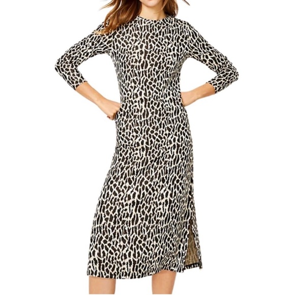 COPY - LOFT Leopard Animal Print Long Sleeve Midi Sweater Dress Brown Black M A9 - Picture 1 of 6